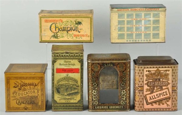 LOT OF 6: SPICE, FOOD, & MEDICINAL-RELATED TINS.  