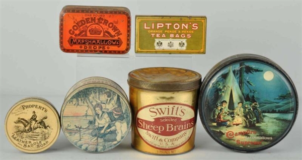 LOT OF 6: ASSORTED PRODUCT TINS.                  