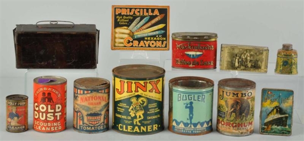 LOT OF 12: ASSORTED PRODUCT TINS & CANS.          
