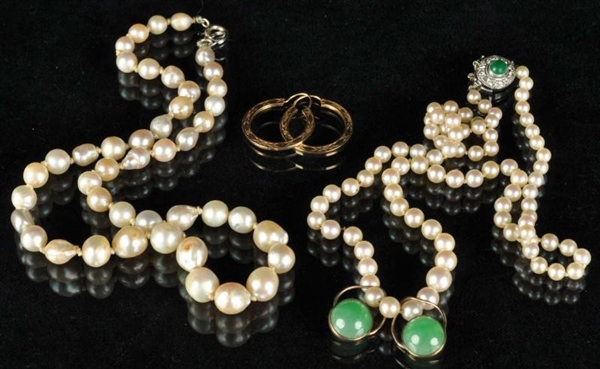 PEARL NECKLACES, JADE PIECES, & EARRING SET.      
