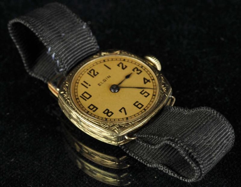 ELGIN 14K Y. GOLD LADIES WATCH WITH RIBBON BAND.  