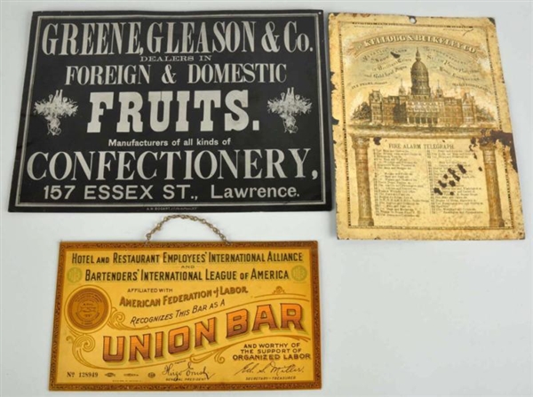 LOT OF 3: EARLY ADVERTISING SIGNS.                