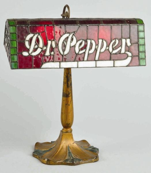 RARE DR. PEPPER LEADED GLASS DESK LAMP.           