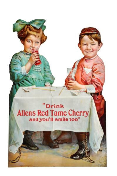 TIN ALLENS RED TAME CHERRY DIE-CUT SIGN.          