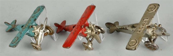 LOT OF 3: CAST IRON HUBLEY LINDY AIRPLANE TOYS.   