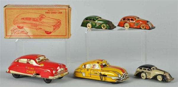LOT OF 5: TIN MARX & COURTLAND AUTO WIND-UP TOYS. 