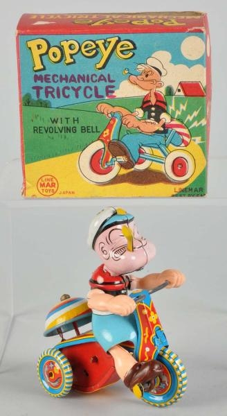 TIN LITHO LINEMAR POPEYE TRICYCLE WIND-UP TOY.    