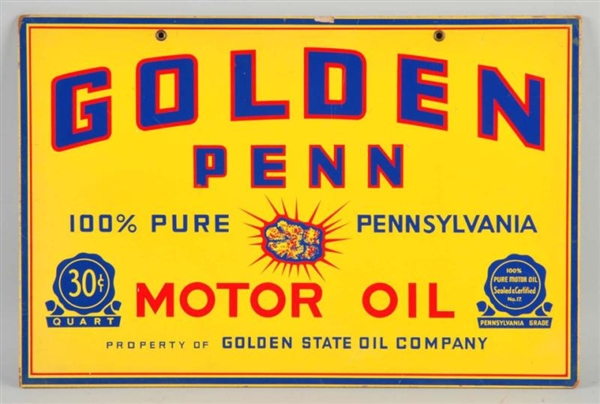 MASONITE GOLDEN PENN MOTOR OIL SIGN.              