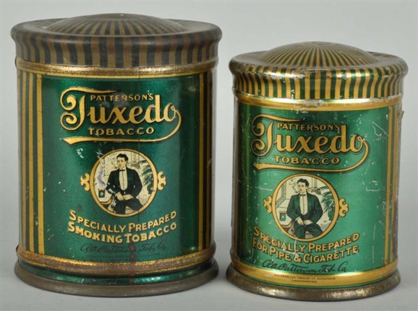LOT OF 2: ROUND TUXEDO TOBACCO CANISTERS.         