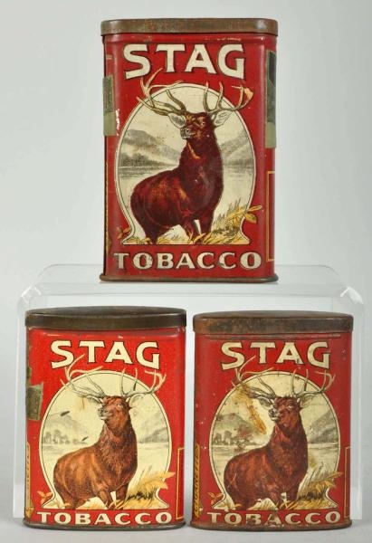 LOT OF 3: STAG VERTICAL TOBACCO TINS.             