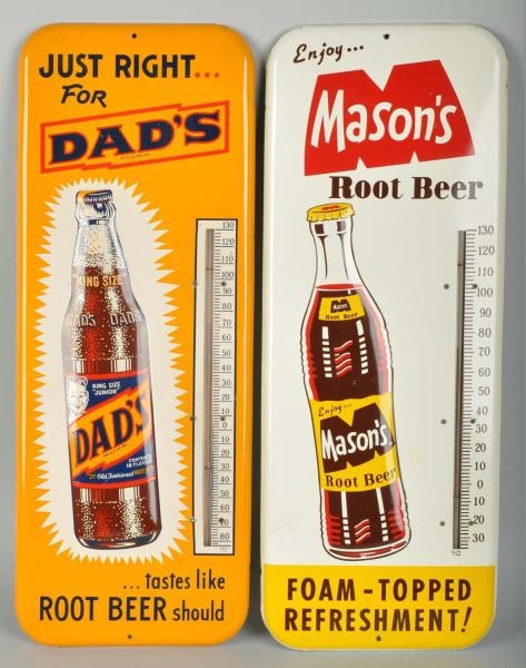 LOT OF 2: EMBOSSED TIN ROOT BEER THERMOMETERS.    