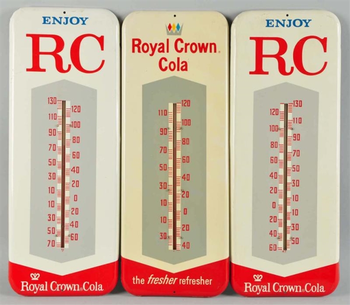 LOT OF 3: TIN RC COLA THERMOMETERS.               