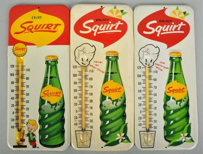LOT OF 3: EMBOSSED TIN SQUIRT THERMOMETERS.       