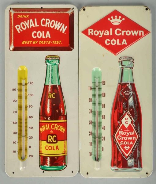 LOT OF 2: EMBOSSED TIN RC COLA THERMOMETERS.      