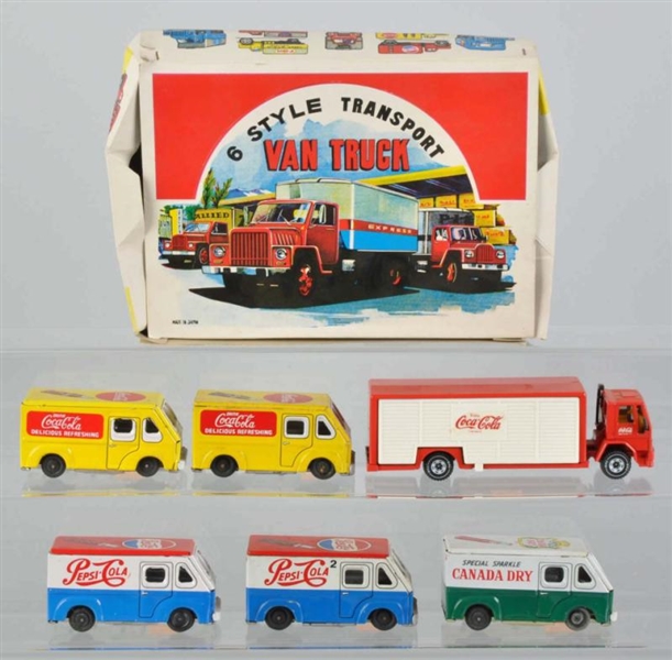 LOT OF 6: SODA RELATED TOY TRUCKS.                