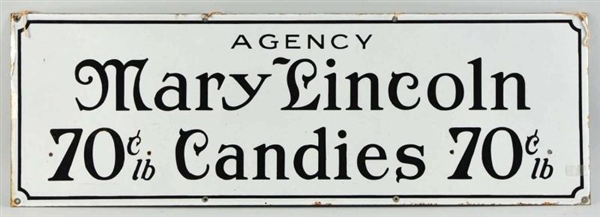PORCELAIN MARY LINCOLN CANDIES SIGN.              