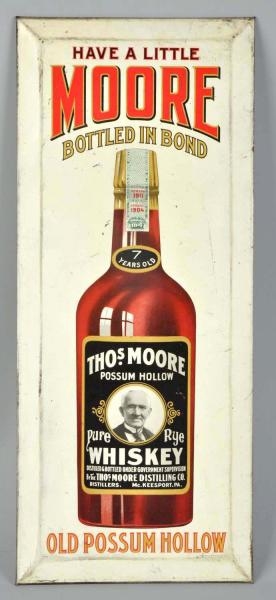 TIN OVER CARDBOARD THOMAS MOORE WHISKEY SIGN.     