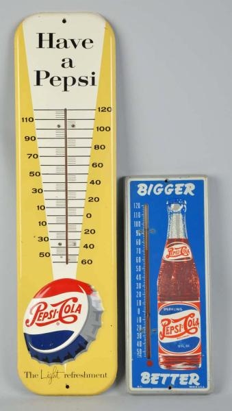 LOT OF 2: TIN PEPSI-COLA THERMOMETERS.            