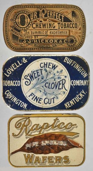 LOT OF 3: SMALL TOBACCO TINS.                     