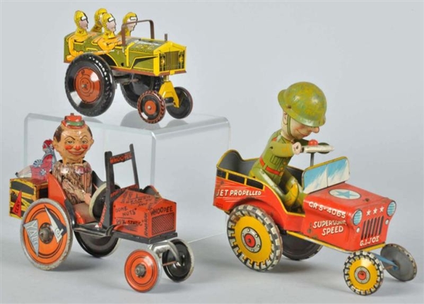 LOT OF 3: TIN LITHO WHOOPEE CAR WIND-UP TOYS.     