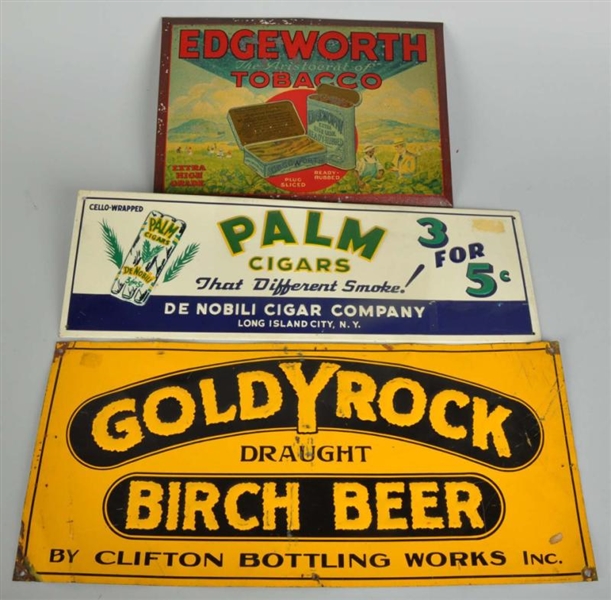 LOT OF 3: TIN ADVERTISING SIGNS.                  