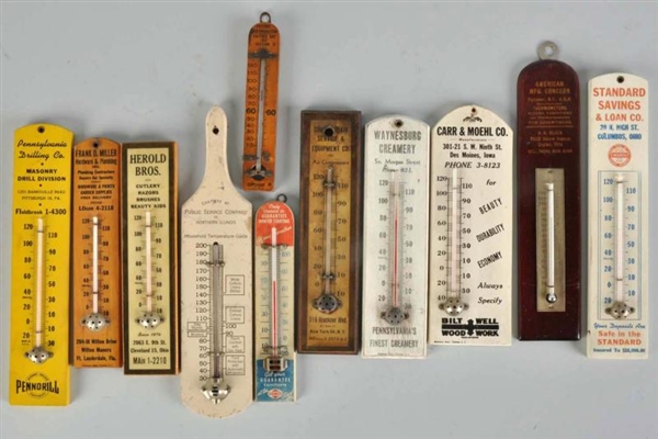 LOT OF 11: WOODEN ADVERTISING THERMOMETERS.       