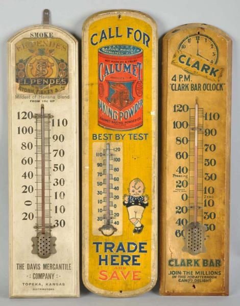 LOT OF 3: WOODEN THERMOMETERS.                    