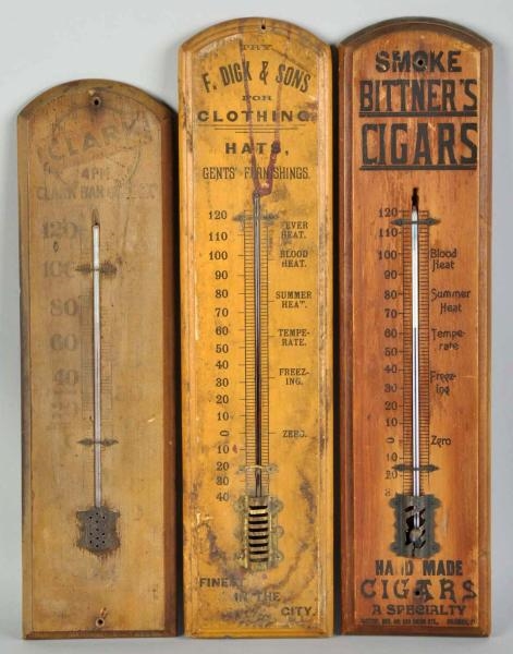 LOT OF 3: WOODEN ADVERTISING THERMOMETERS.        