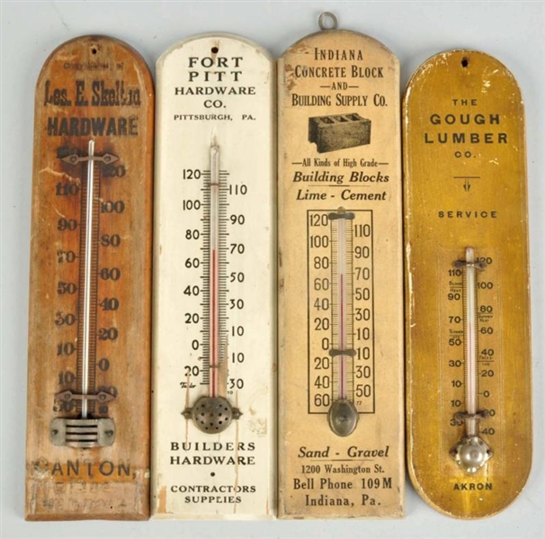 LOT OF 4: WOODEN ADVERTISING THERMOMETERS.        