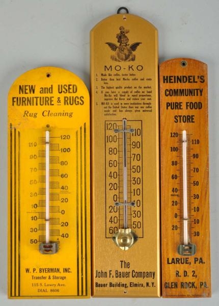 LOT OF 3: WOODEN ADVERTISING THERMOMETERS.        