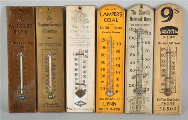 LOT OF 6: WOODEN ADVERTISING THERMOMETERS.        