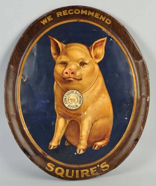 OVAL TIN SQUIRES PIG SIGN.                       