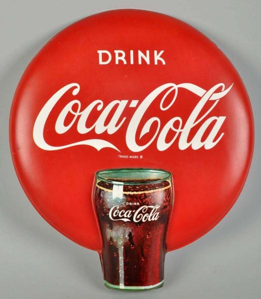 EMBOSSED PLASTIC COCA-COLA DISC WITH GLASS.       