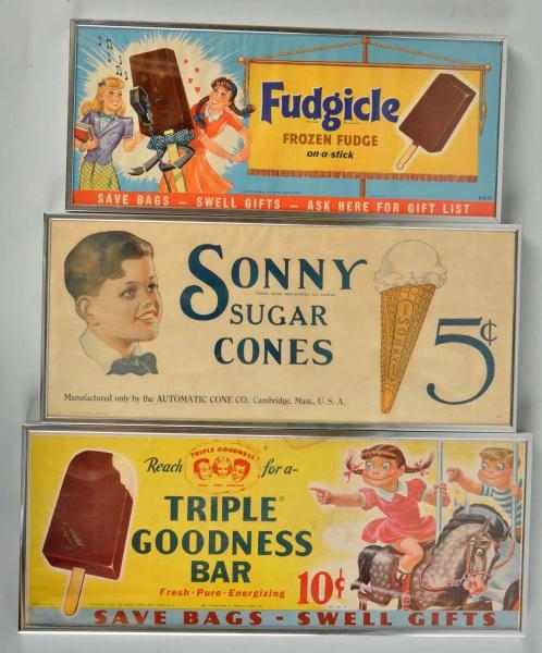 LOT OF 3: CARDBOARD ADVERTISING ICE CREAM SIGNS.  