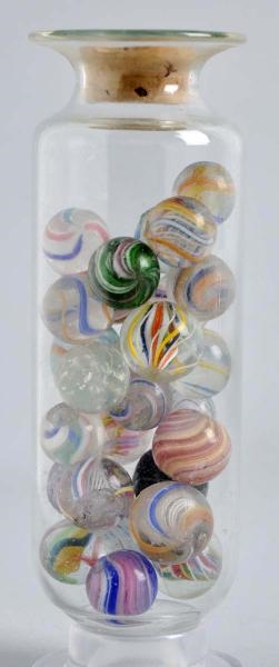 BELL JAR OF APPROXIMATELY 25 HANDMADE MARBLES.    