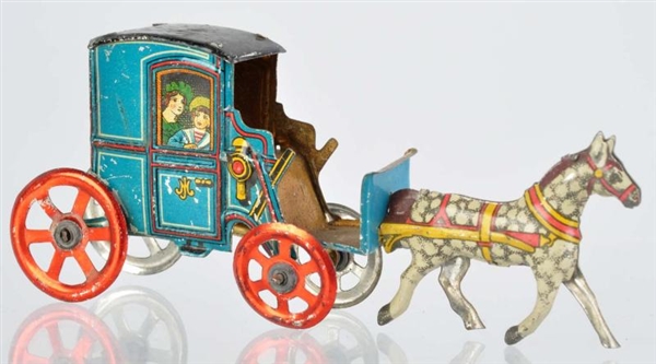 TIN LITHO HORSE-DRAWN CARRIAGE PENNY TOY.         