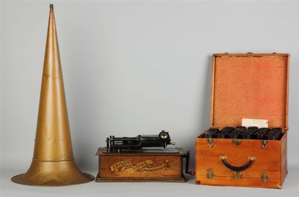 EDISON PHONOGRAPH WITH BRASS HORN.                