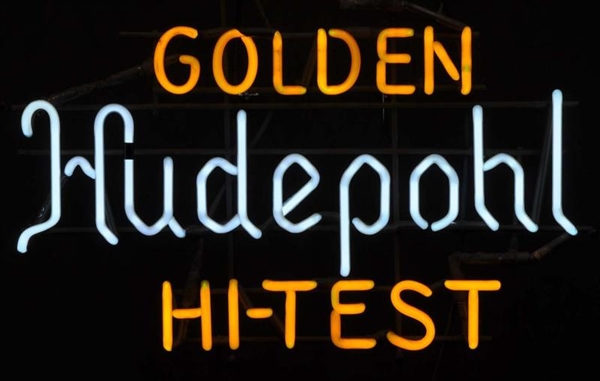 HUDEPOHL HI-TEST GOLDEN NEON SIGN.                