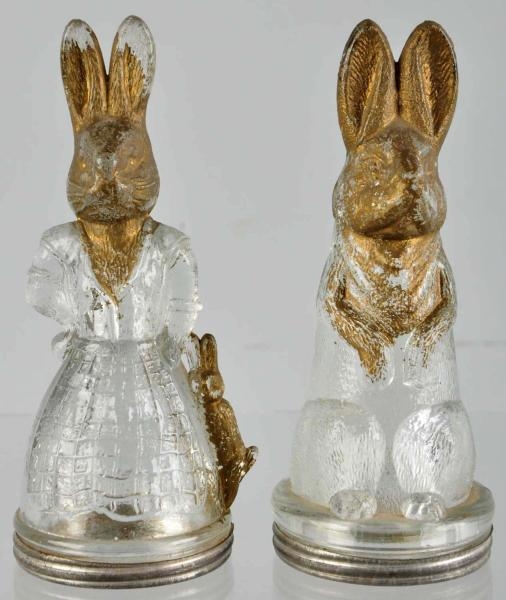 LOT OF 2: PAINTED GLASS BUNNY CANDY CONTAINERS.   