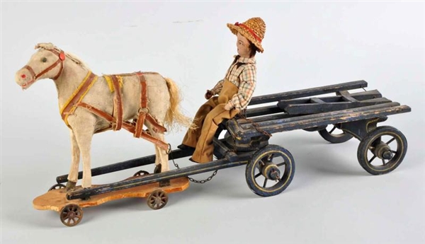 HIDE COVERED HORSE PULL TOY WITH WAGON & DOLL.    