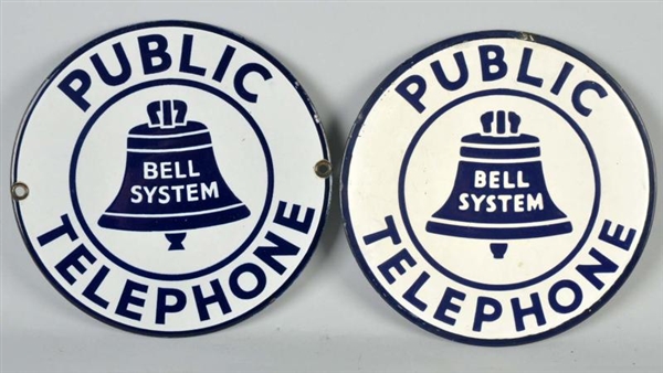 LOT OF 2: PORCELAIN ROUND PUBLIC TELEPHONE SIGNS. 