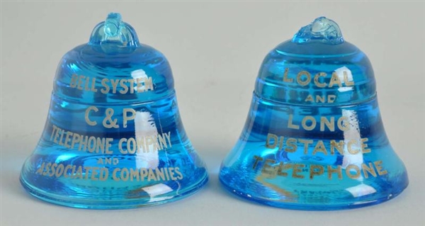 LOT OF 2: BLUE GLASS BELL PAPERWEIGHTS.           