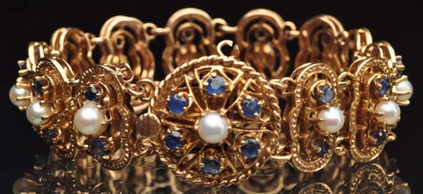 14K Y. GOLD BRACELET WITH PEARLS & SAPPHIRES.     