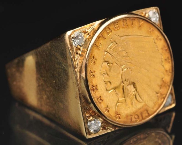 14K Y. GOLD MENS RING WITH COIN.                 