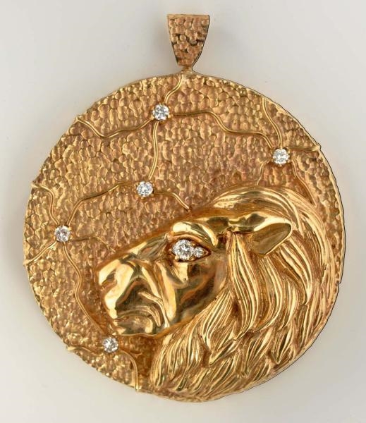 18K Y. GOLD LARGE LION PENDANT WITH DIAMONDS.     
