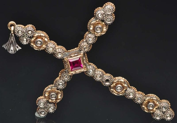 14K Y. GOLD CROSS WITH RUBY & MARCASITES.         