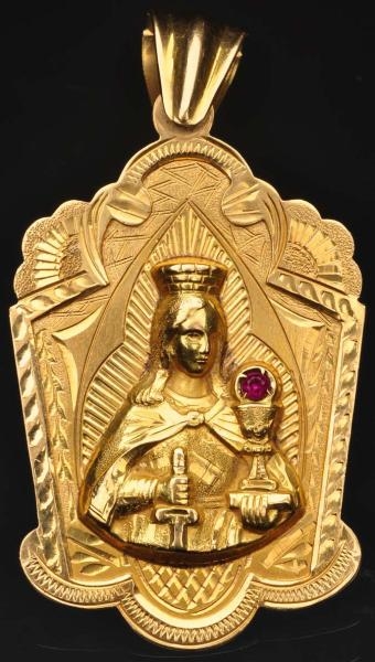 18K Y. GOLD MADONNA PENDANT WITH RUBY.            