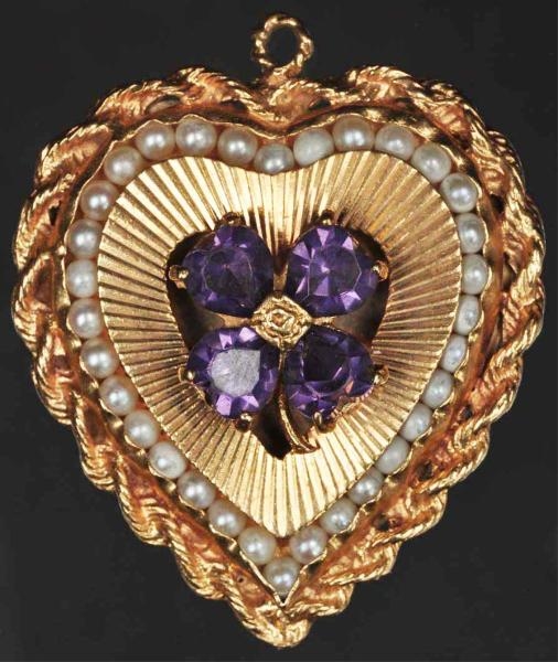 14K Y. GOLD HEART PENDANT WITH AMETHYST & PEARLS. 