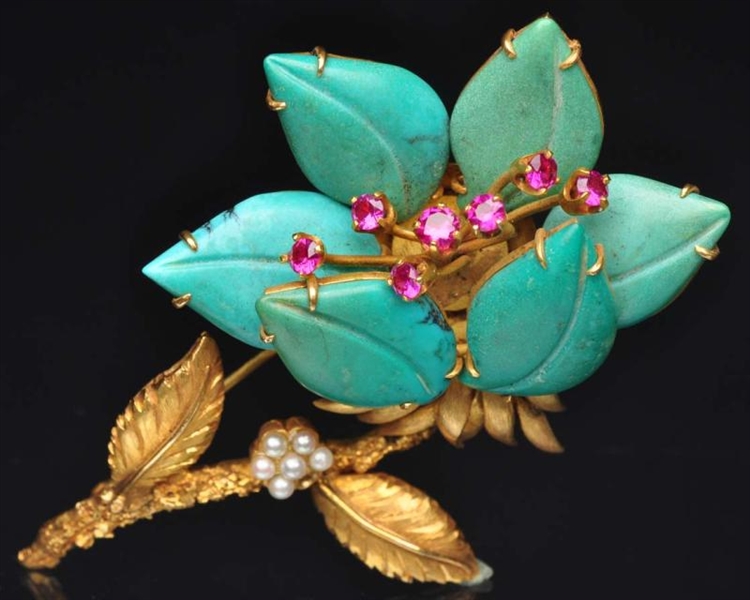 18K Y. GOLD PIN WITH TURQUOISE LEAVES.            