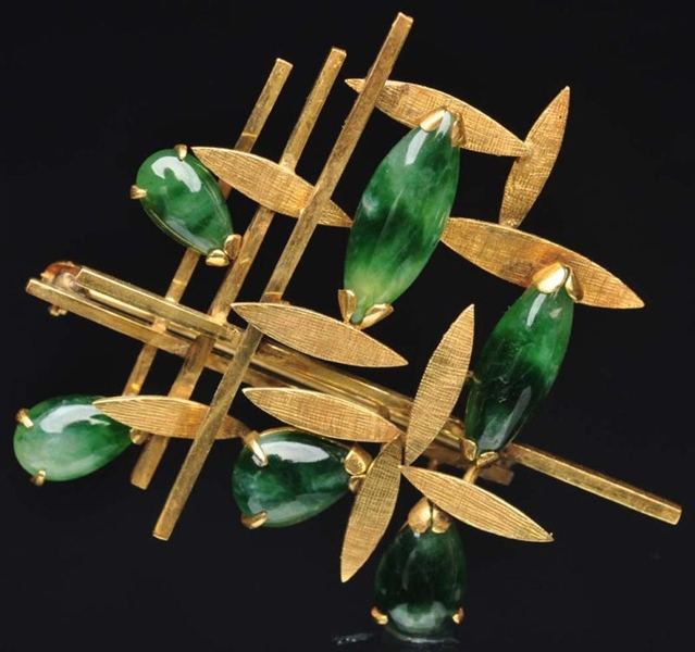 14K Y. GOLD PIN WITH JADE STONES.                 